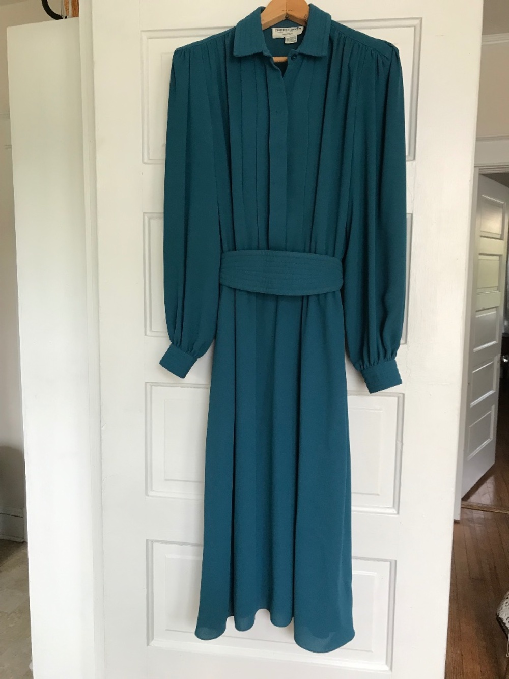 Vintage Pierre Cardin Boutique Dress Teal Blue Button Up Belted 80s Med? No Tag